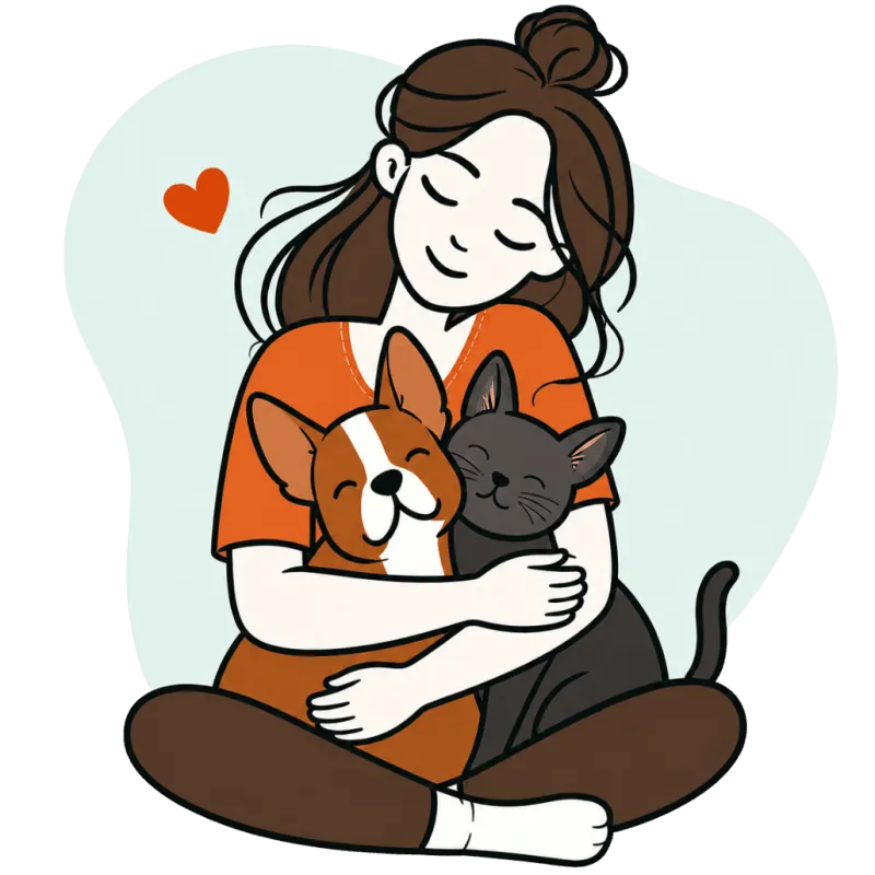 Illustration of a woman hugging her dog and cat